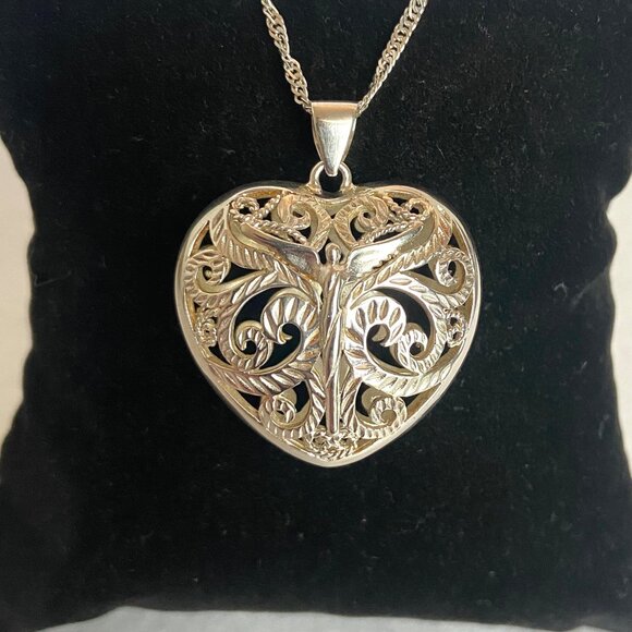 Steven Lavaggi Sterling Silver 925 Filigree Puffy Heart Angel Pendant Necklace - Picture 9 of 16